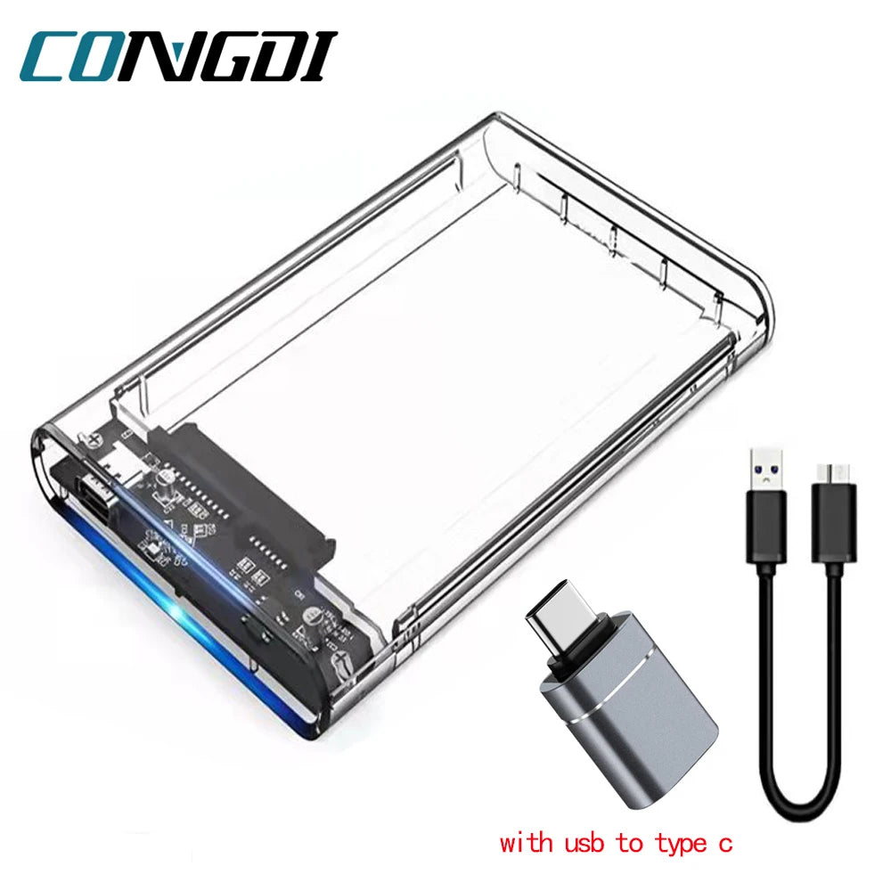 A transparent enclosure for a 2.5-inch hard drive with a USB to Type-C cable.