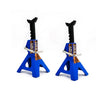 A pair of blue metal RC jack stands with black handles and gold accents.
