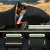 A black waterproof custom-fit car cover is shown being installed on a VW New Beetle, highlighting the door zipper and reflect