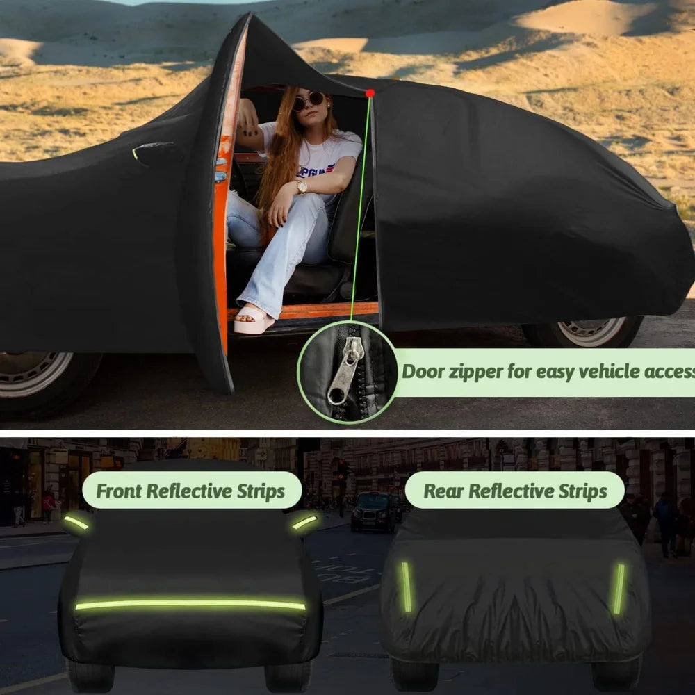 A black waterproof custom-fit car cover is shown being installed on a VW New Beetle, highlighting the door zipper and reflect