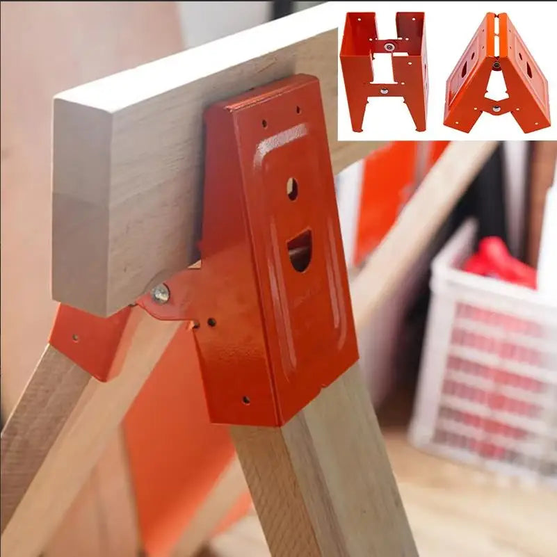 Close-up of orange heavy-duty steel workbench brackets used to secure wood tops.