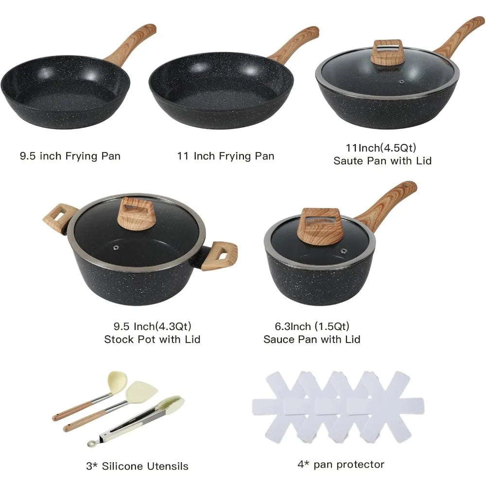 A collection of 15 pieces of ceramic non-stick cookware including frying pans, stock pots, and utensils.