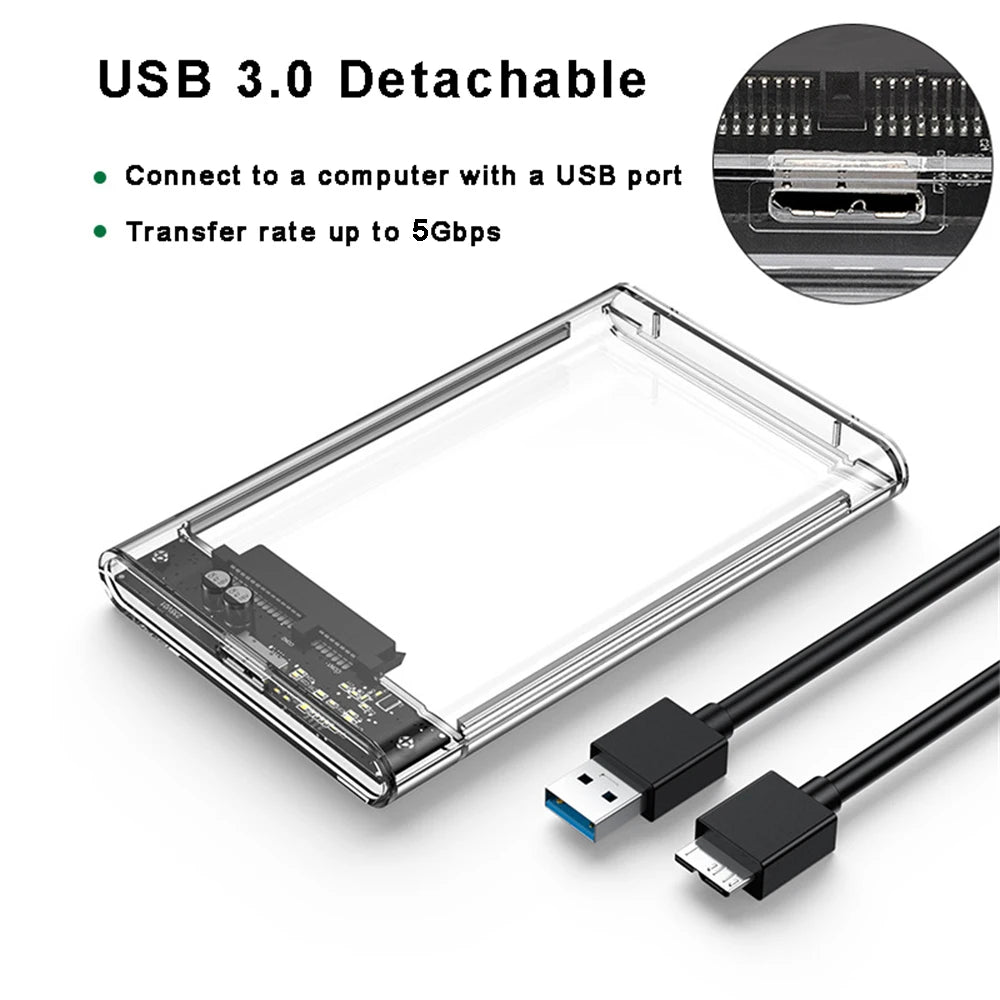 A transparent USB 3.0 detachable enclosure for a 2.5-inch hard drive, shown next to its cable.