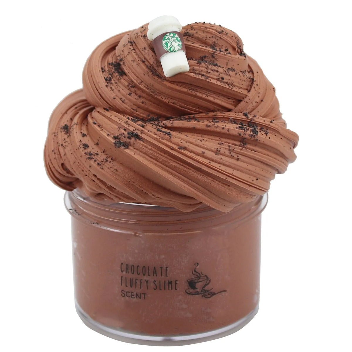A jar of brown chocolate slime with a cork stopper and dark specks on top.