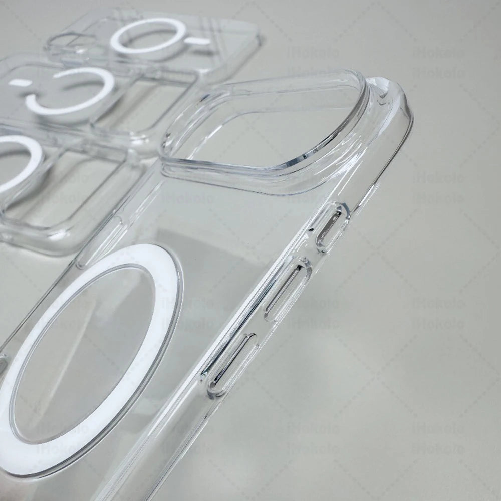 Clear magnetic case for iPhone with MagSafe compatibility showing multiple clear cases.