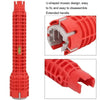 Red U-shaped mosaic design faucet and sink wrench set with an extended handle and disassembled components