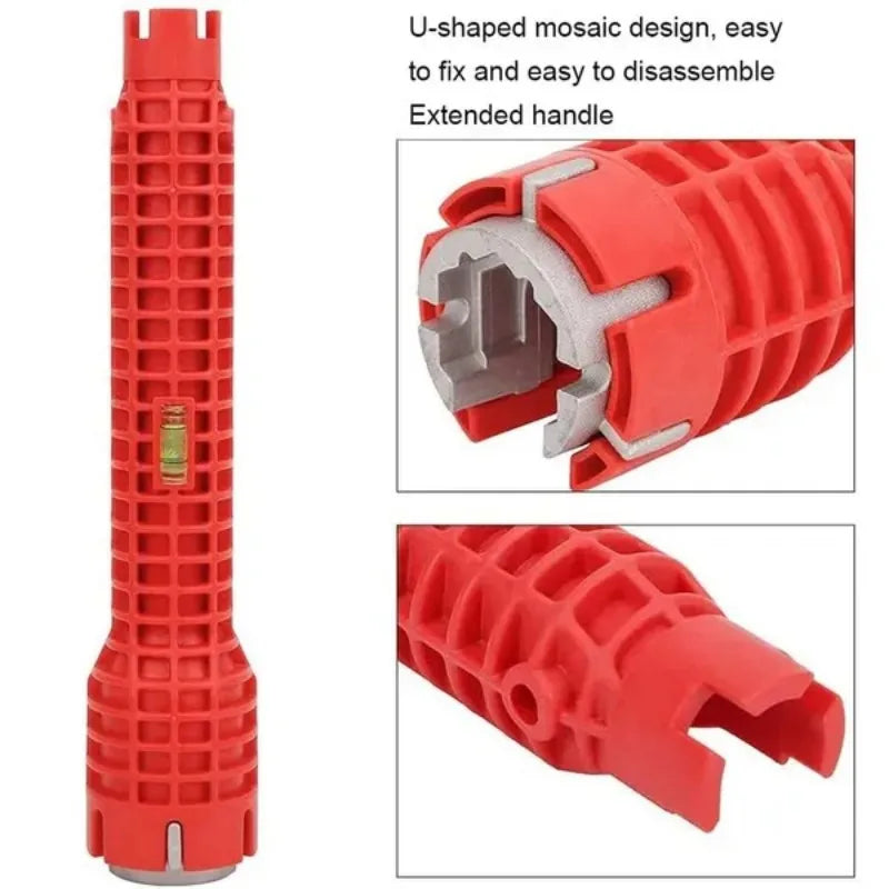 Red U-shaped mosaic design faucet and sink wrench set with an extended handle and disassembled components