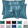 A collection of silky smooth satin pillowcases in various shades including teal, blue, green, pink, and gray.
