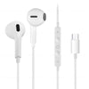 A white pair of in-ear wired earphones with a microphone and a detachable connector.