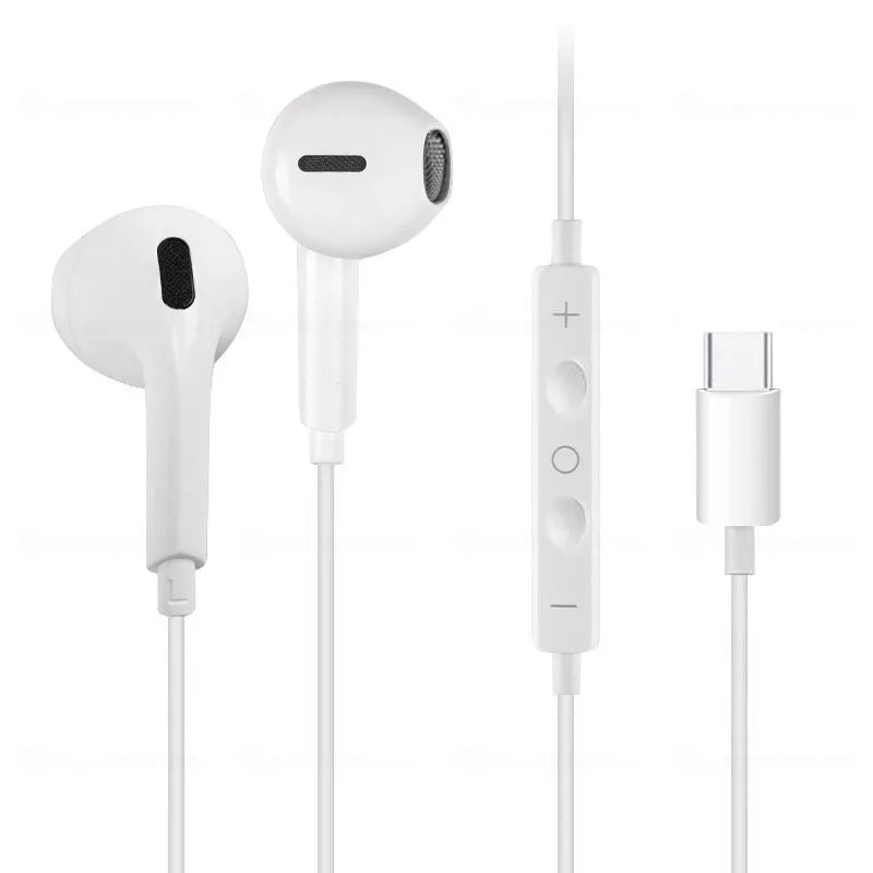 A white pair of in-ear wired earphones with a microphone and a detachable connector.