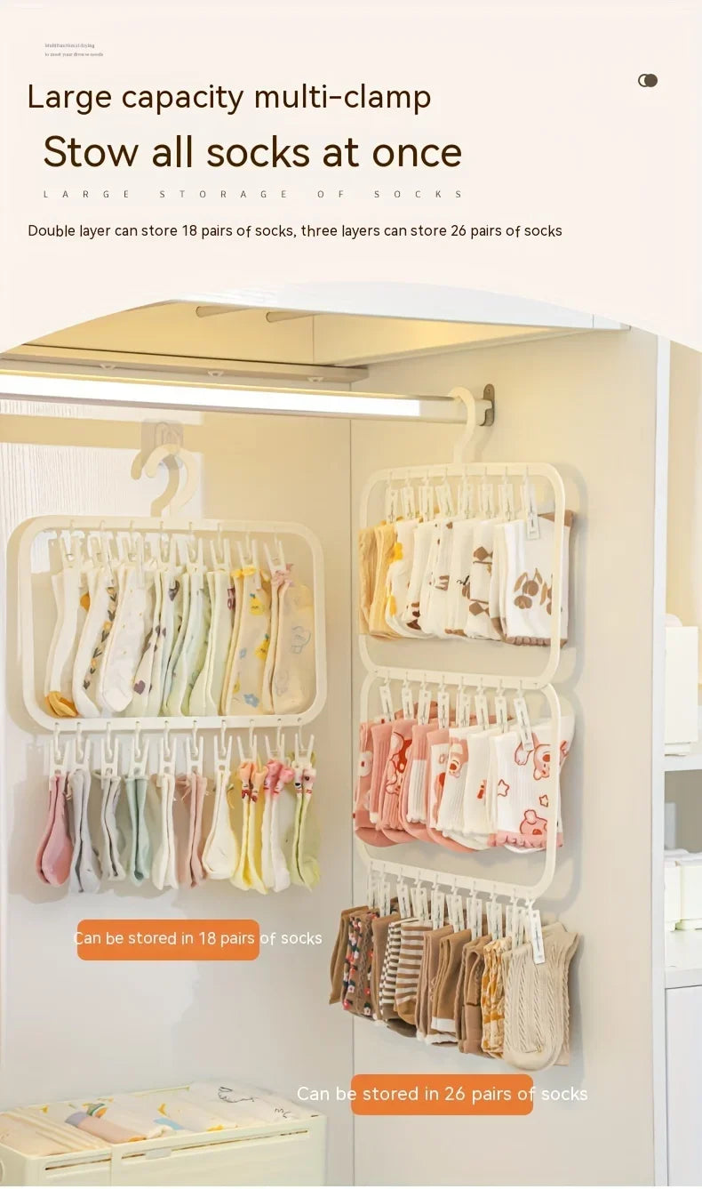 A large capacity multi-clamp storage rack for socks, showing various layers of folded socks.