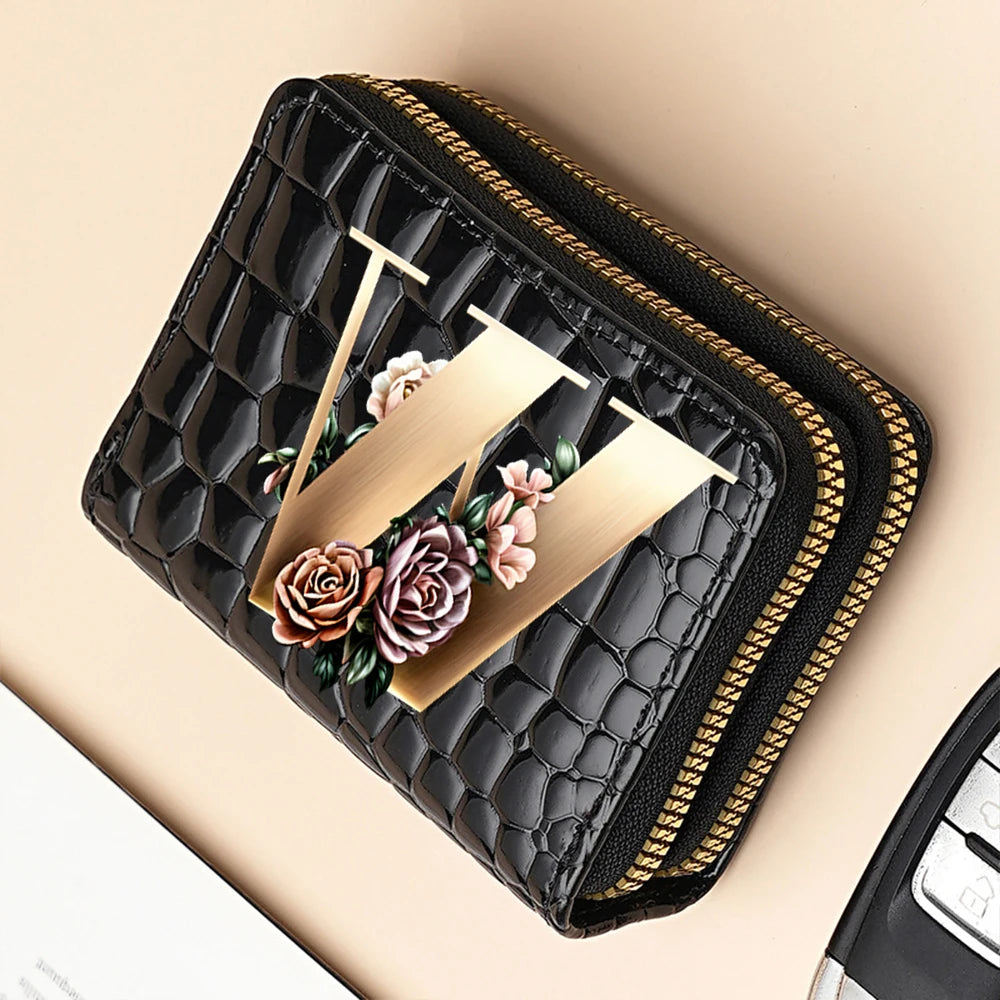 Alphabet Flower Double-Zip Card Wallet with Secure Clasp