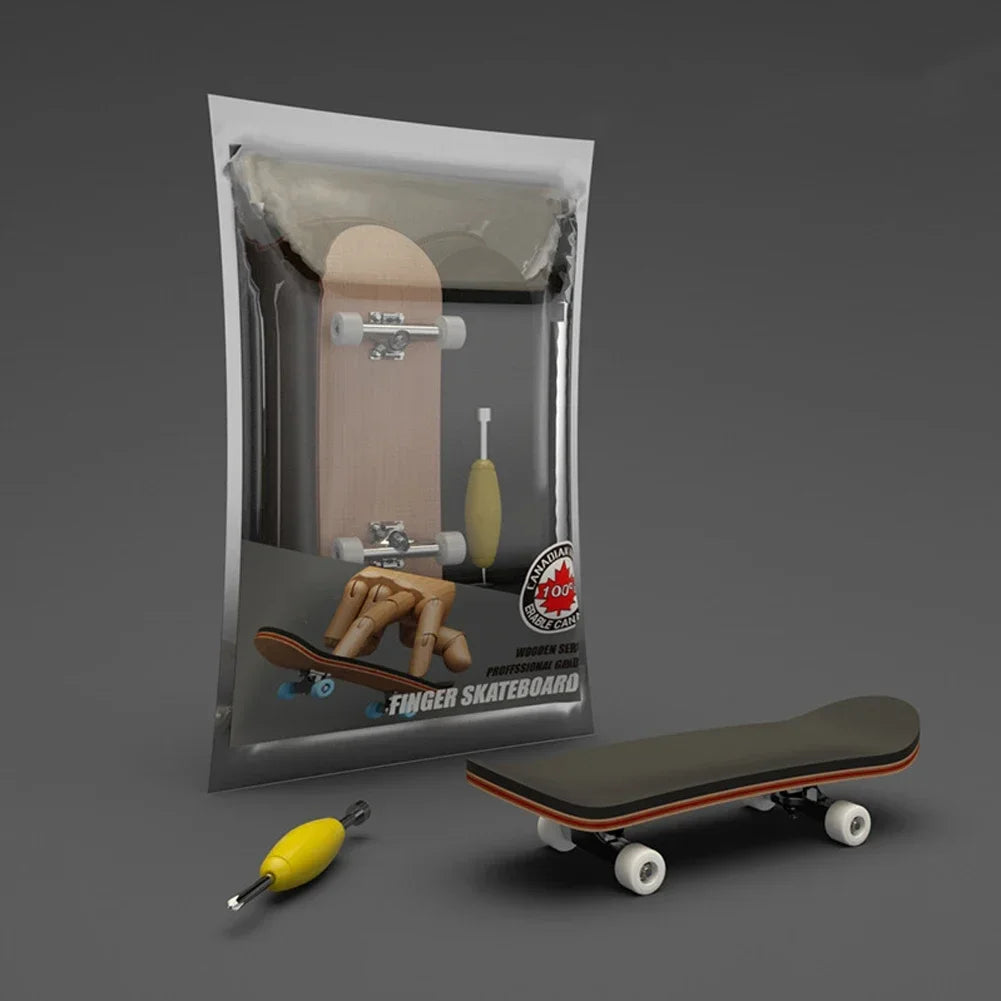 A wooden finger skateboard is displayed in its packaging, alongside the skateboard itself.