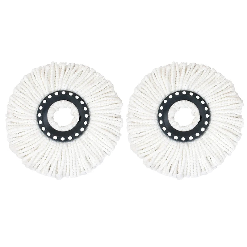Two white microfiber mop head refills with black rotating pads.