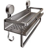 A stainless steel wall-mounted shower caddy with suction cups and a slotted tray.