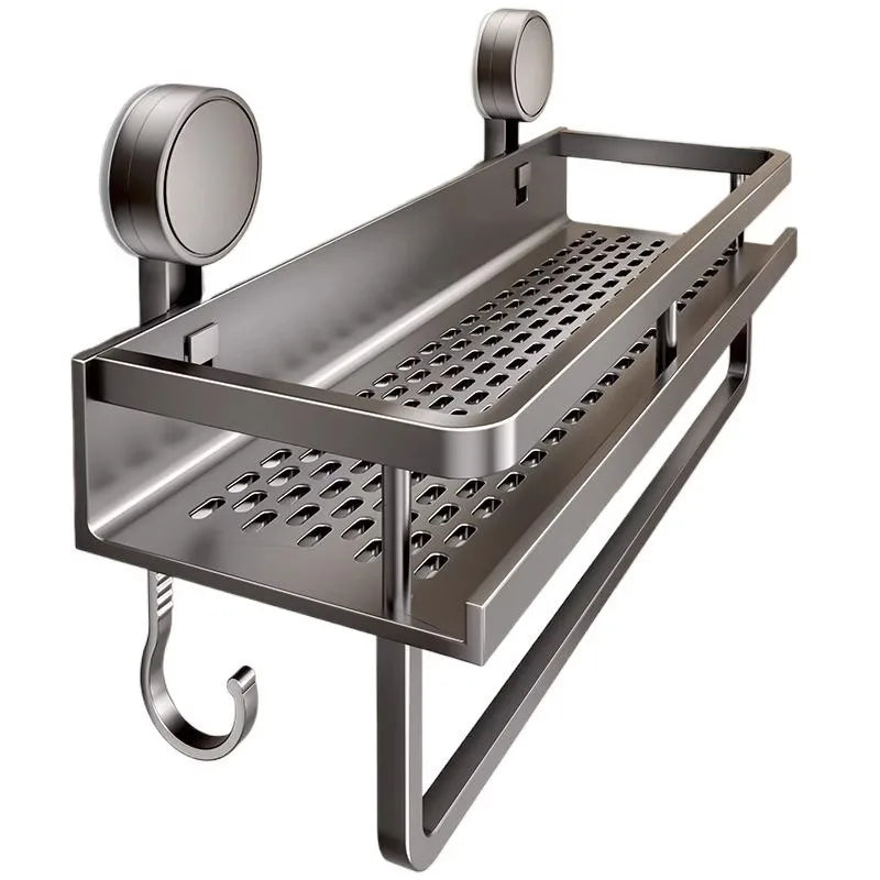 A stainless steel wall-mounted shower caddy with suction cups and a slotted tray.