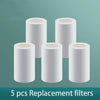 Five white replacement filters for a faucet extender are displayed against a teal background.