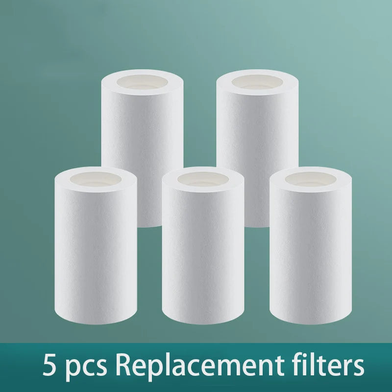 Five white replacement filters for a faucet extender are displayed against a teal background.