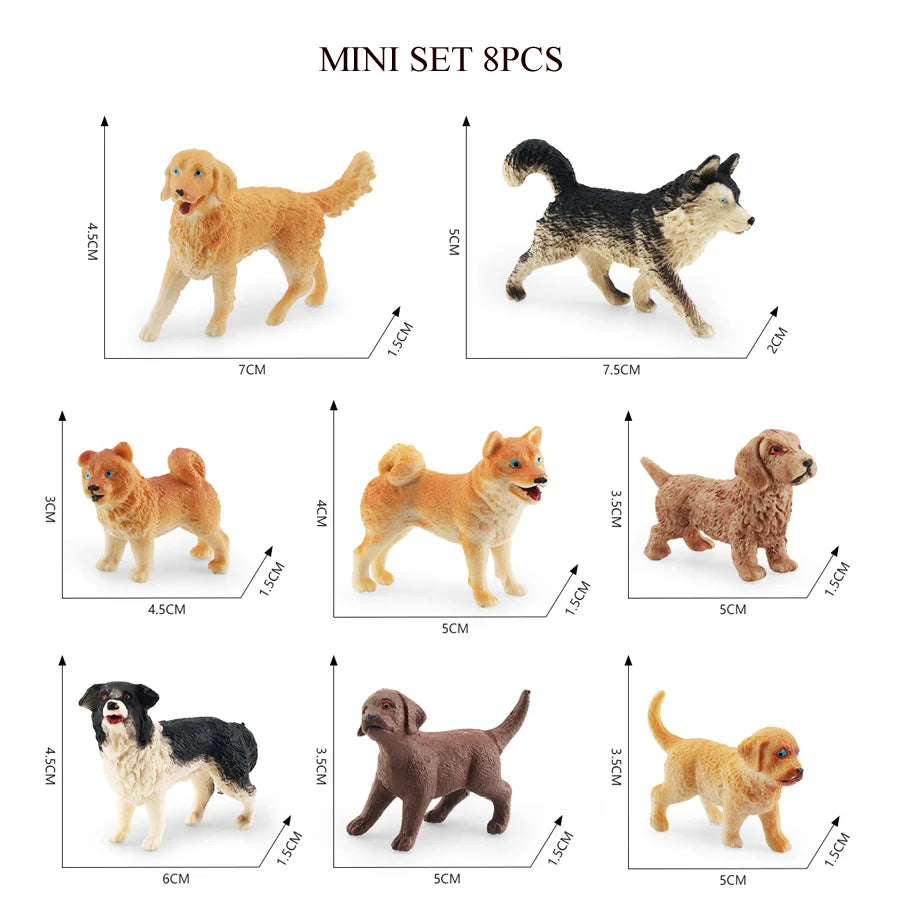 Mini set of 8 realistic animal figurines including a golden dog, a black wolf, and several other farm and wildlife animals.