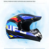 A black and blue off-road helmet is shown in a dynamic angle, highlighting its contrasting color design.