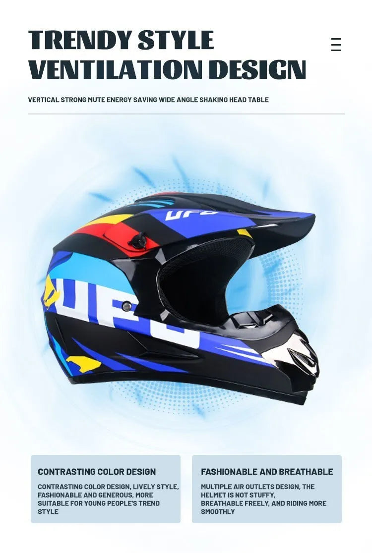 A black and blue off-road helmet is shown in a dynamic angle, highlighting its contrasting color design.