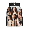 A black canvas daypack backpack featuring multiple female models in light-colored clothing.