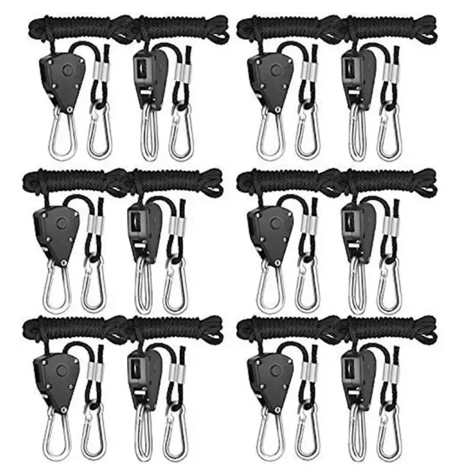 A set of black heavy-duty adjustable rope clips or hangers designed for securing 8-foot ropes.