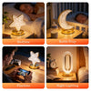 A series of images showing a crystal star moon night light used for bedtime, bottle preparation, playtime, and night lighting