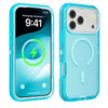 A clear blue silicone phone case with a magnetic bumper and kickstand shown on a smartphone.