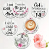 A set of six hand-painted wooden coasters featuring various inspirational English phrases and floral designs.