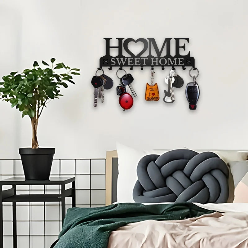 Black Metal Wall-Mounted Key Holder with 10 Hooks