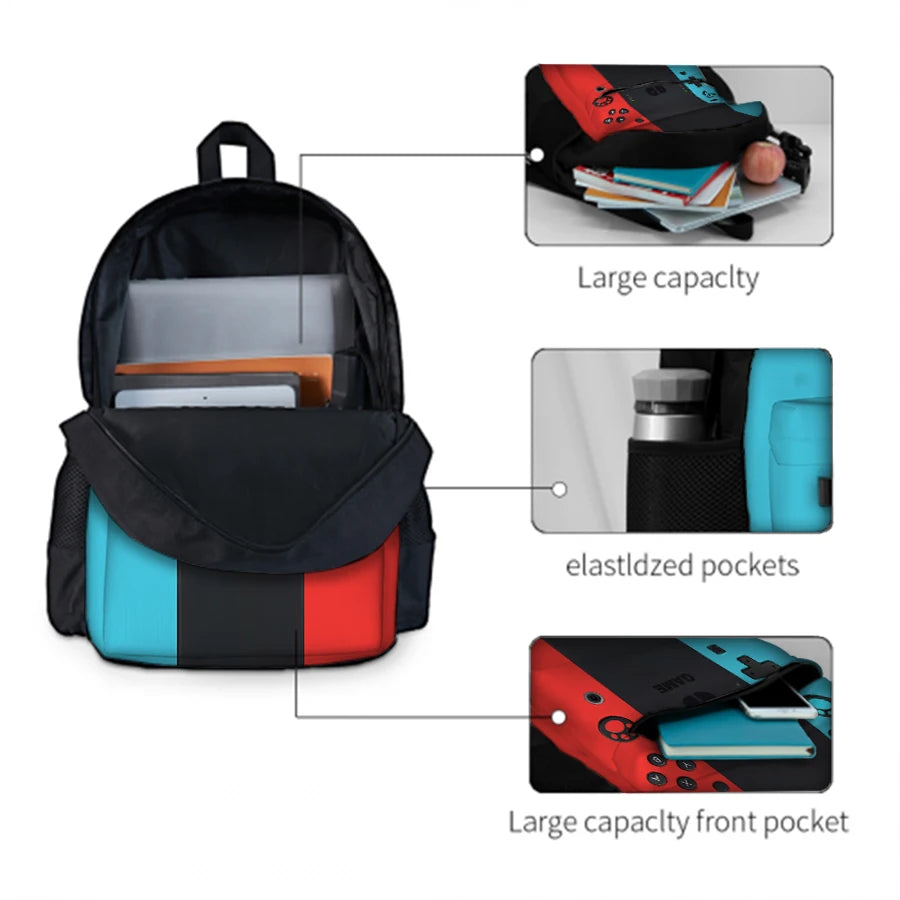 A black backpack set for kids gaming console including a lunch bag and pencil case with various pockets.