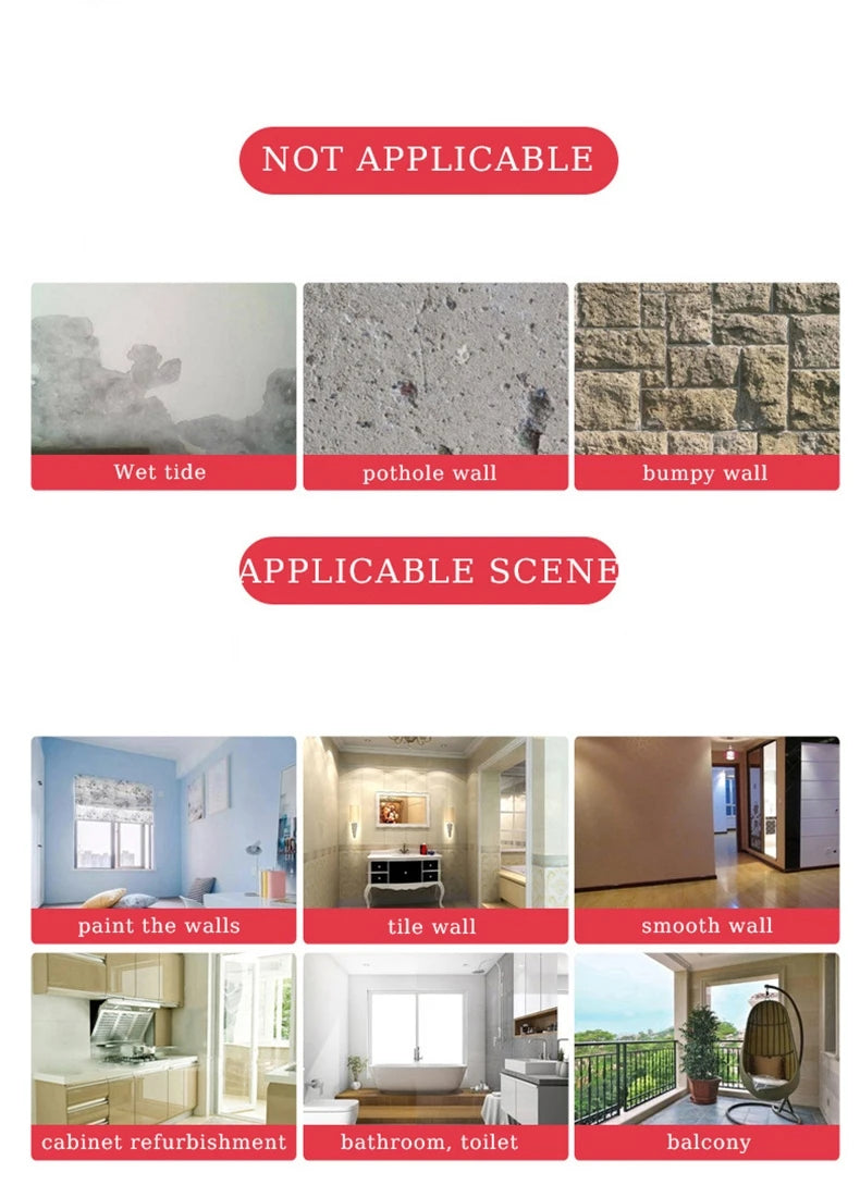Examples of wallpaper application on various surfaces including wet tide, pothole wall, bumpy wall, paint the walls, tile wal