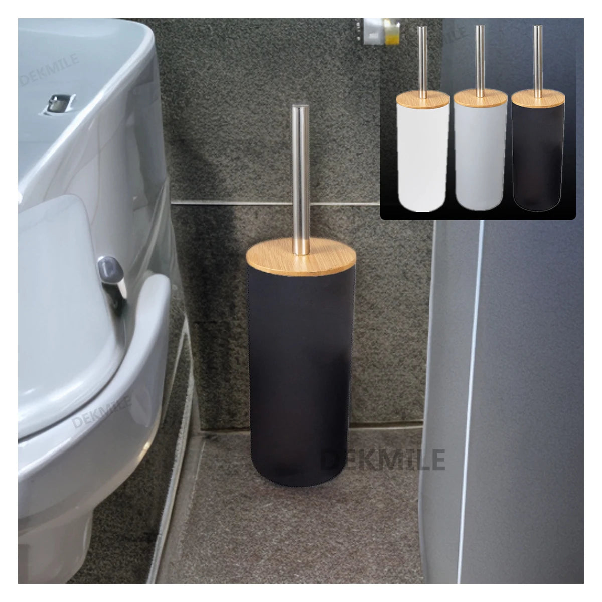 A black bamboo bathroom organizer set with a soap dispenser is shown on a gray tiled floor.
