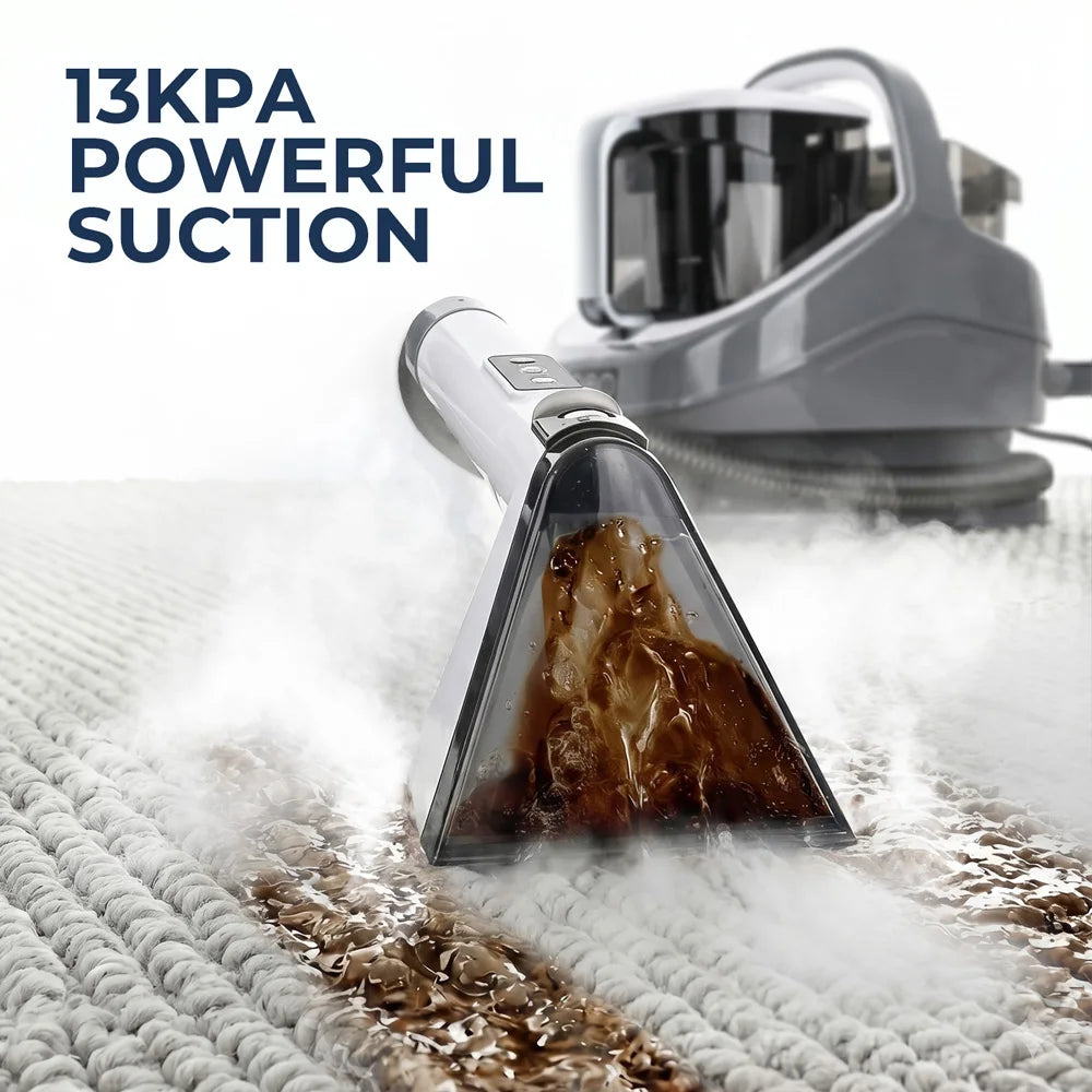 A handheld steam cleaner is shown powerfully suctioning dirt from a carpeted surface.
