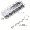 A clear plastic case containing precision tools and replacement parts for glasses repair, along with a silver keychain tool.