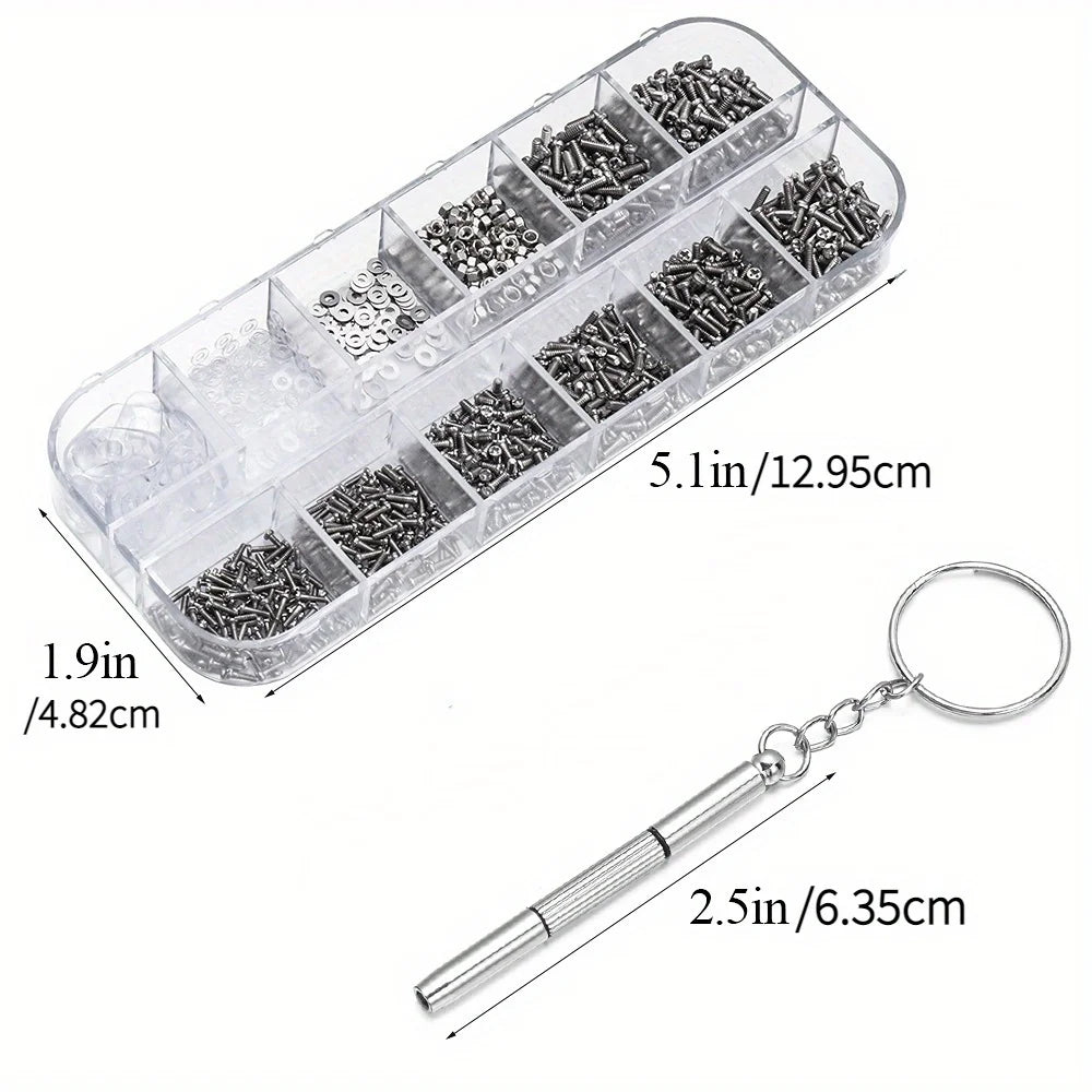 A clear plastic case containing precision tools and replacement parts for glasses repair, along with a silver keychain tool.