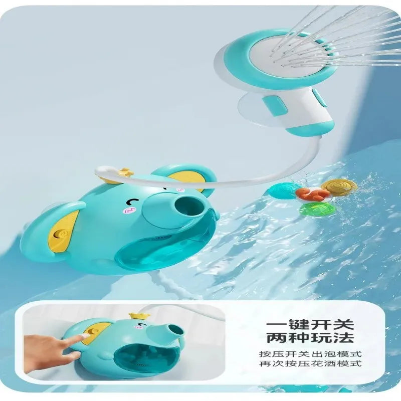 A blue elephant water spray bath toy is shown spraying water, with instructions for using the nozzle.