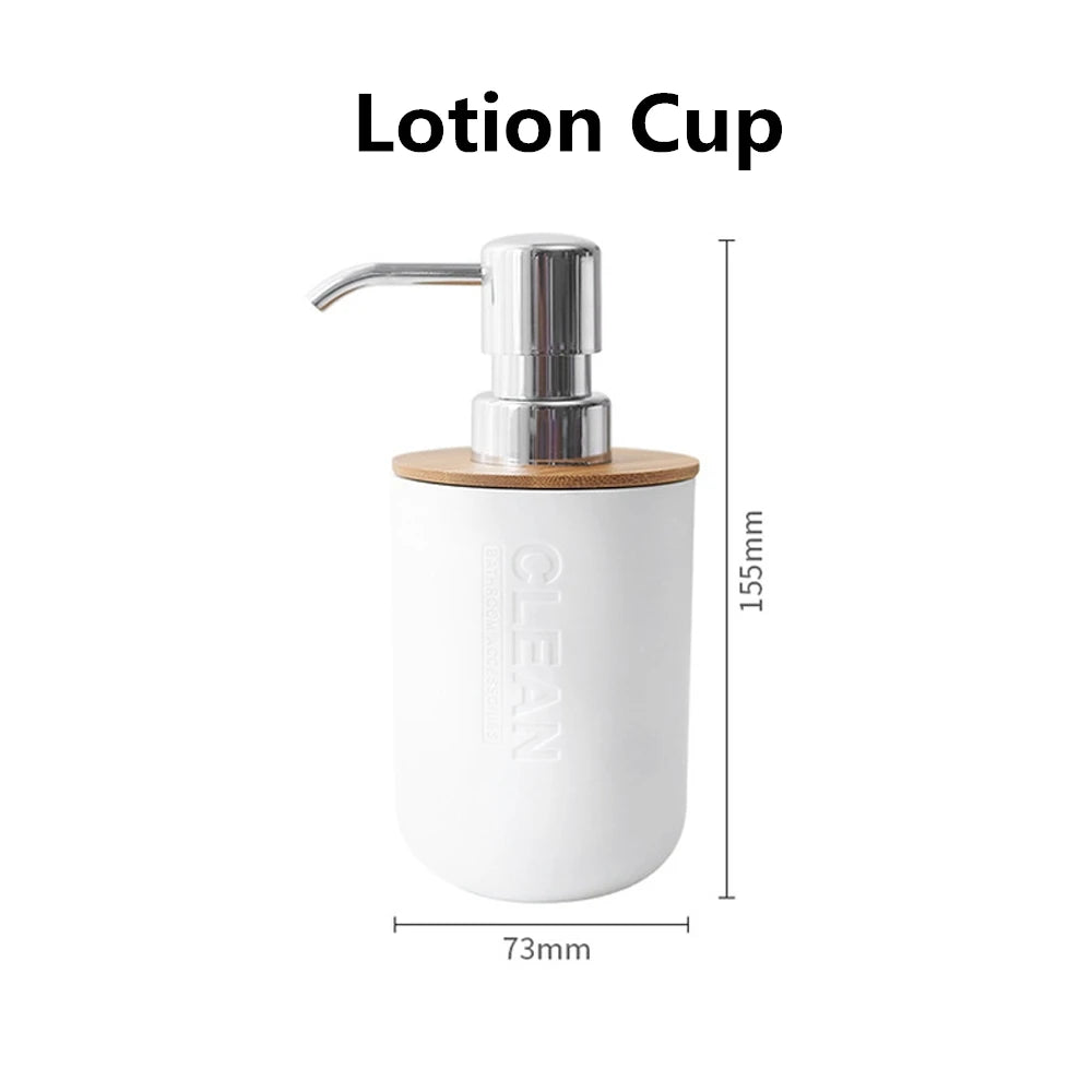 A white lotion cup with a metal dispenser and a bamboo base.