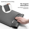 A gray PU leather laptop sleeve is shown being used to protect a laptop, emphasizing its upside-down stability and non-magnet