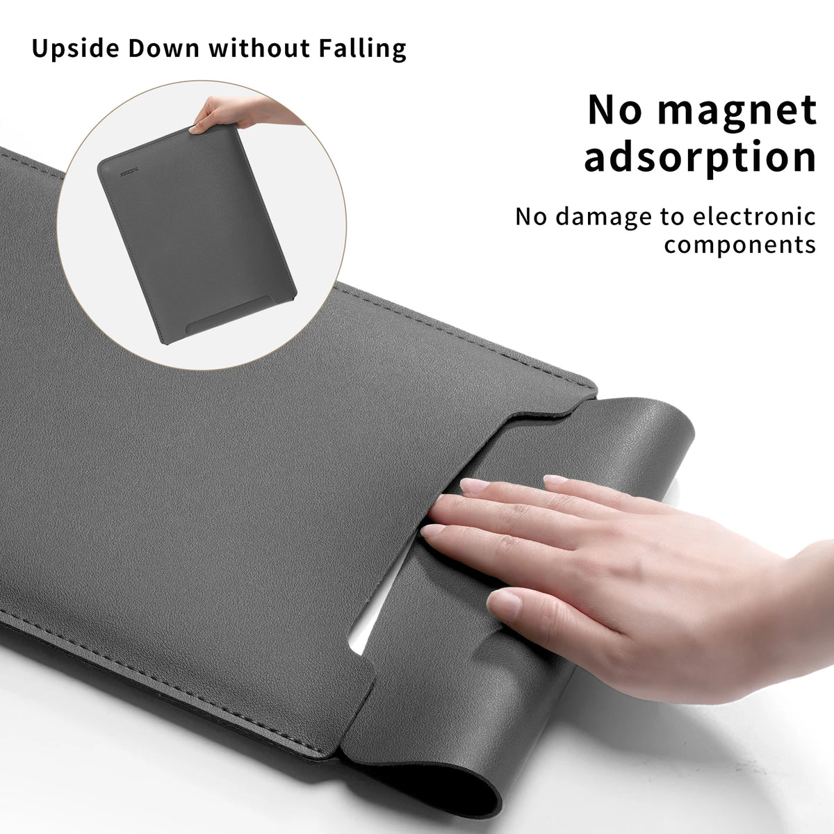 A gray PU leather laptop sleeve is shown being used to protect a laptop, emphasizing its upside-down stability and non-magnet