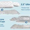 Comparison showing a 2.3 inch ultra-thick bath pillow versus a 1.0 inch version, and silicone suction cups versus plastic one