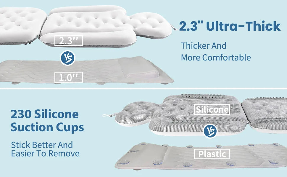 Comparison showing a 2.3 inch ultra-thick bath pillow versus a 1.0 inch version, and silicone suction cups versus plastic one