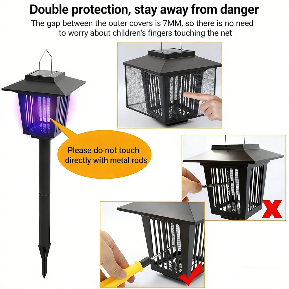 A solar-powered mosquito zapper with a protective outer cover and internal metal rods, demonstrating its design.