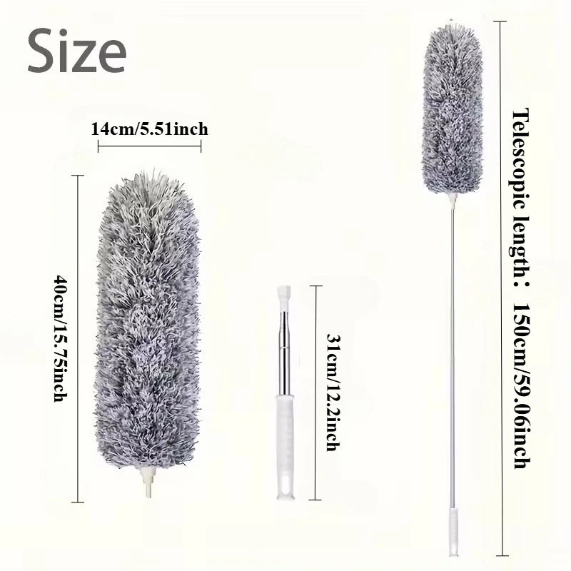 A gray telescopic duster with a fluffy fiber head shown next to a ruler for size reference.