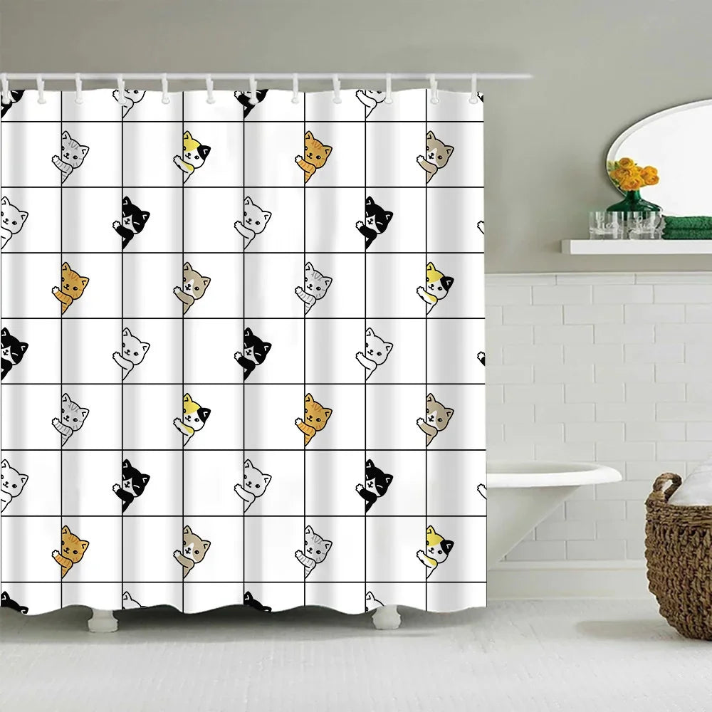 A white shower curtain featuring a repeating pattern of cute cartoon cats in yellow and black.