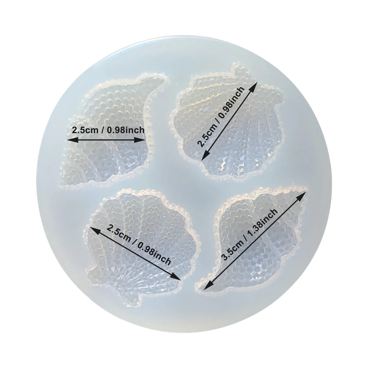 A silicone mold set with four depressions for creating shell and starfish shapes in fondant or modeling clay.