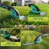 A green and black 2-in-1 cordless grass shear and shrub trimmer with short and long blades shown in a lawn.