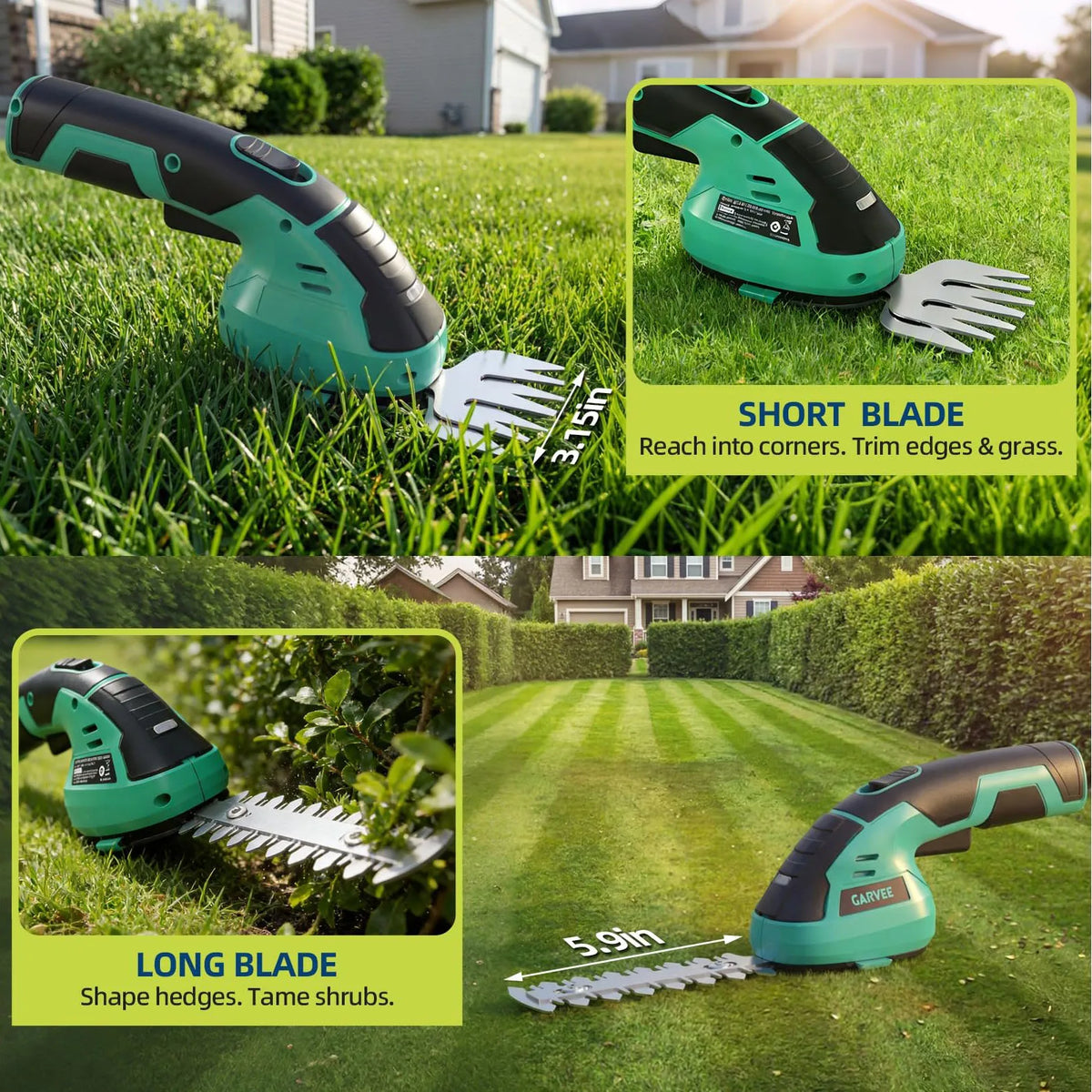 A green and black 2-in-1 cordless grass shear and shrub trimmer with short and long blades shown in a lawn.