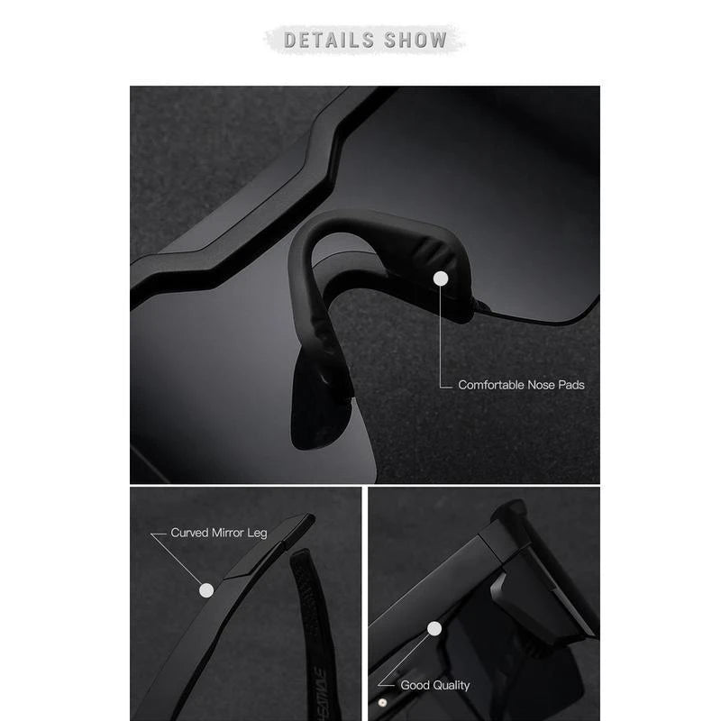 Close-up view of UV400 polarized sports sunglasses showing the comfortable nose pads, curved mirror leg, and good quality fin
